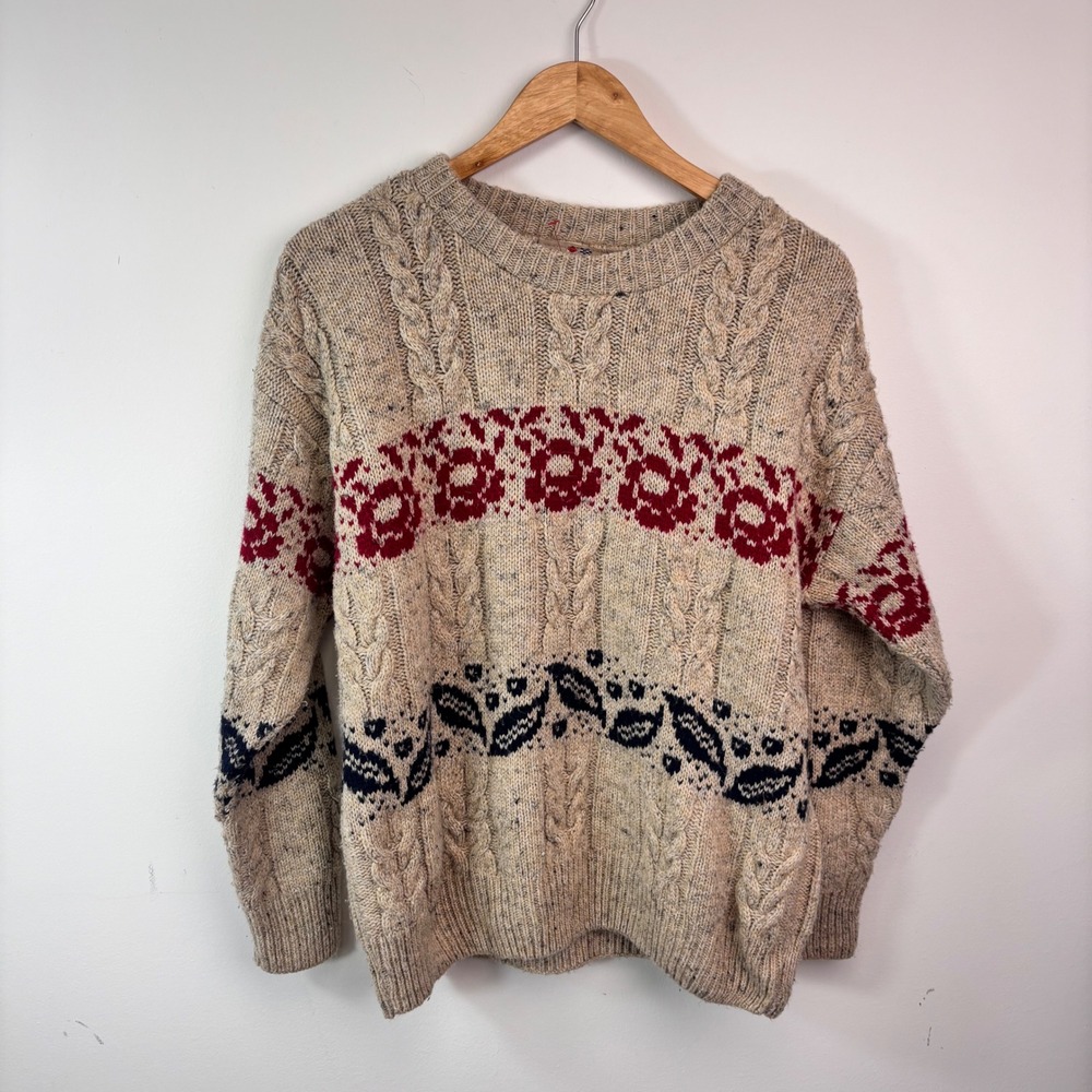 Vintage 1980s Riviera Knits Cable Knit Floral Sweater Made in USA L